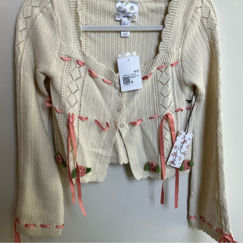 Forever 21 Cream and Pink Rosette Cardigan with Ribbon Details